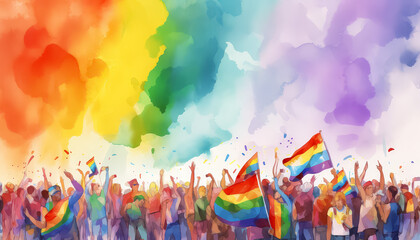 A group of people are standing in a rainbow of colors - obrazy, fototapety, plakaty