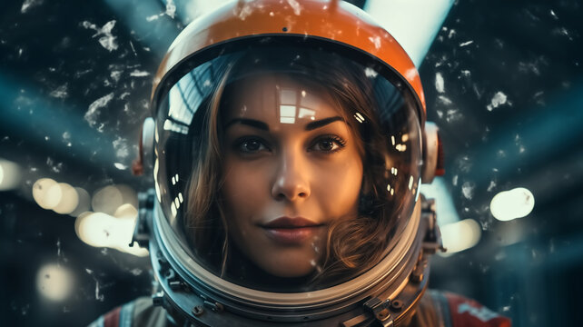 Female astronaut in space suit helmet with reflection of space. Science fiction and exploration concept. Design for movie poster, book cover, space-related promotional material