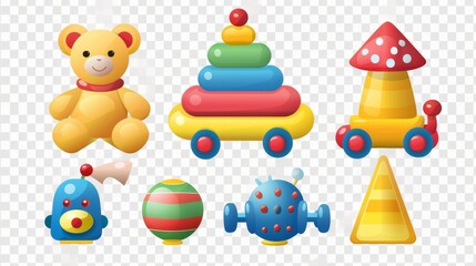 Colorful classic toddler toys set isolated on transparent background, perfect for baby play
