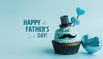 Cupcake with a mustache topper and birthday hat next to "HAPPY FATHER'S DAY!"