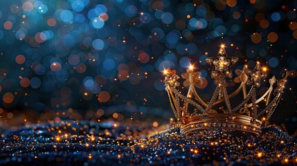 banner background International Beauty Pageant Day theme, and wide copy space, Simple outline of a tiara surrounded by stars on a dark background, symbolizing glamour, 