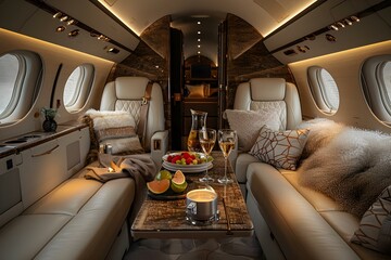 Intimate Escape: Couple's Cozy Moments in a Plush Private Jet. Concept Couples Photoshoot, Luxury Travel, Romantic Getaway, Private Jet Experience - obrazy, fototapety, plakaty