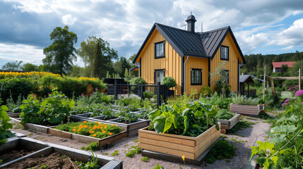 House with vegetable garden. Yellow exterior and garden beds (wooden). Summer time. Germany /...