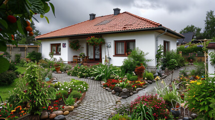 Fototapeta premium House with vegetable garden. White exterior and garden beds (wooden). Summer time (Croatia, Hungary, Czech Republic, Slovakia, Slovenia, Russia).