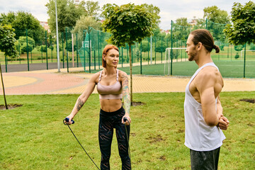 A woman in sportswear work out with a personal trainer in a park, showcasing determination and...