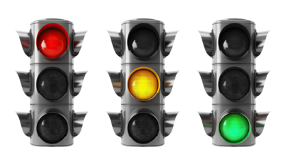 Trio of vertical traffic lights displaying red, yellow, and green signals, cut out