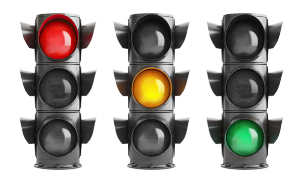 Trio of vertical traffic lights displaying red, yellow, and green signals, cut out