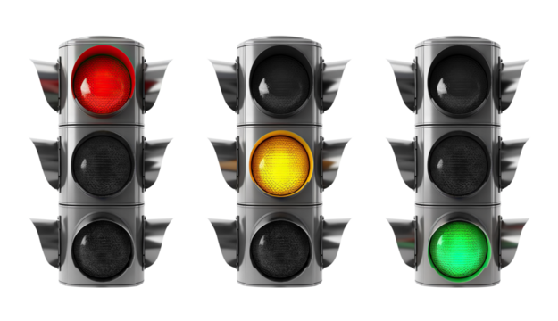 Trio of vertical traffic lights displaying red, yellow, and green signals, cut out