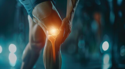 male athlete or spot male having knee injury due to ligament inflammation, man knee pain due to exercise, massage, muscle relaxation, rheumatoid arthritis, gait disturbance, rheumatoid arthritis - obrazy, fototapety, plakaty