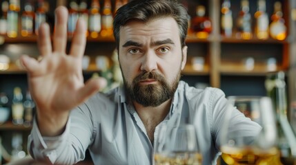 man refuses say no and avoid to drink an alcohol whiskey , stopping hand sign male, alcoholism treatment, alcohol addiction, quit booze, Stop Drinking Alcohol. Refuse Glass liquor, unhealthy, reject