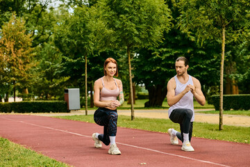 Fototapeta premium A man and a woman in sportswear are engaging in synchronized squats in a park Their determination and motivation are evident.