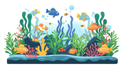 Fototapeta na wymiar Cartoon freshwater fishes in tank aquarium on transparent. Exotic cartoon fish in aquarium