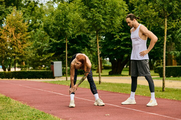 A man and woman in sportswear stand on a track, exercising together with determination and...