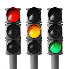 Trio of vertical traffic lights displaying red, yellow, and green signals, cut out - obrazy, fototapety, plakaty