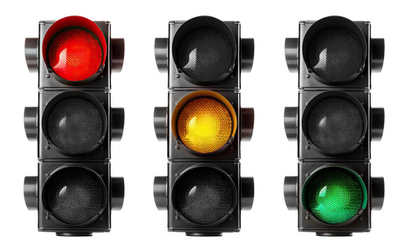 Trio of vertical traffic lights displaying red, yellow, and green signals, cut out