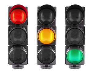 Trio of vertical traffic lights displaying red, yellow, and green signals, cut out