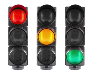 Trio of vertical traffic lights displaying red, yellow, and green signals, cut out