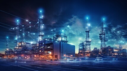 Fototapeta premium Modern factory, communication network. Telecommunication. IoT, Internet of Things, ICT, Information communication Technology,. Smart factory. Digital transformation, cloud connecting, generate by AI