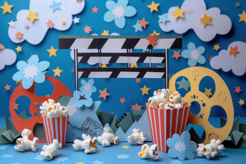 Popcorn Buckets and Clapper on Blue Background - obrazy, fototapety, plakaty