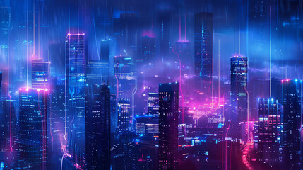  The urban landscape at night is filled with electric light lines, symbolizing an active connection to modern wireless networks.