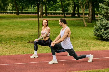 A dedicated woman in sportswear practice sport with determination guided by their personal trainer...