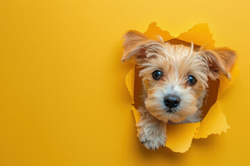 Small Dog Peeking Out of Hole in Yellow Paper