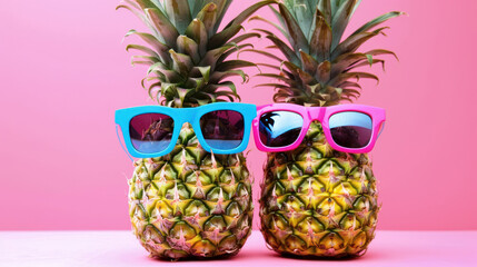 Two Pineapples Wearing Sunglasses on a Pink Background