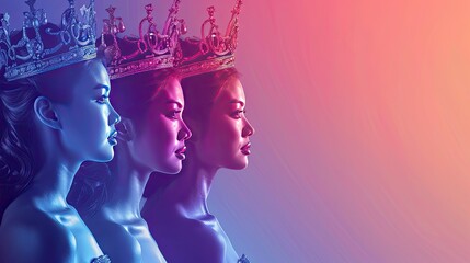 banner background International Beauty Pageant Day theme, and wide copy space, Silhouettes of diverse women wearing crowns against a gradient background, for banner,