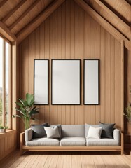 Close-up frame mockup in a wooden house, 3d rendering