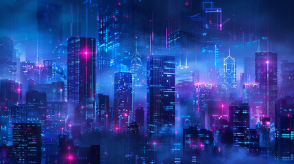  The appearance of a modern city is closely related to the connection to a wireless network, which is emphasized by its bright lights and glowing screens.