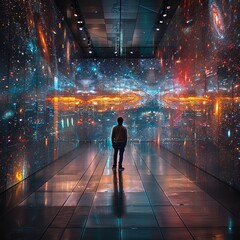 Back view of young man walking in corridor with glowing city and lights. Futuristic concept