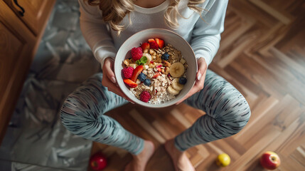  A sporty woman is sitting on the floor of her kitchen, enjoying a healthy breakfast of muesli with fruit, which emphasizes her concern for a healthy lifestyle and proper nutrition.