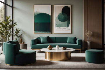 Fototapeta na wymiar Raffinierte Wohnzimmereinrichtung in Smaragdgrün mit abstrakter Wandkunst und goldenen Designelementen