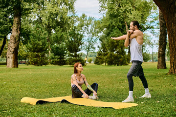 A personal trainer motivates a man and woman in sportswear to exercise together in the park,...