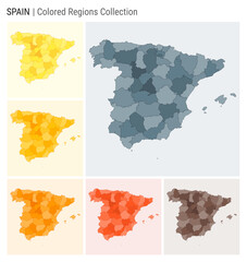 Spain map collection. Country shape with colored regions. Blue Grey, Yellow, Amber, Orange, Deep Orange, Brown color palettes. Border of Spain with provinces for your infographic. Vector illustration.