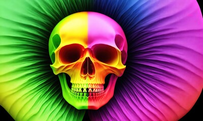 A colorful image of a skull with a flower in the background.