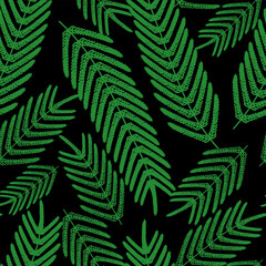 Fern leaf. Seamless pattern. Repeat tropical print. Endless pattern of leaves. Вlack background.