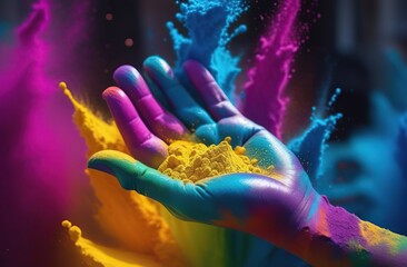 colorful powder on palm hand on happy holi day 