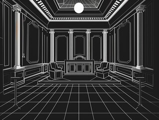 Graphical representation of a courtroom scene with judge s bench and witness stand, in a minimalist black line art style, perfect for legal dramas, Technology concept, futuristic background.