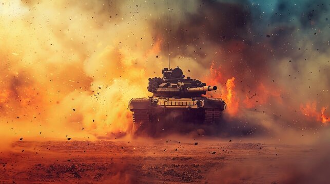 Armored tank crossing minefield in epic desert war invasion with fiery scene and wide poster design