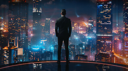 A businessman, standing on the roof, looks at the city, as if weighing his successes and new prospects that open up to him in the lights of the night metropolis.
