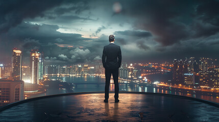 A rear view of a man in a business suit towering over a night city creates the image of a determined leader ready to take on challenges and realize his ambitions.