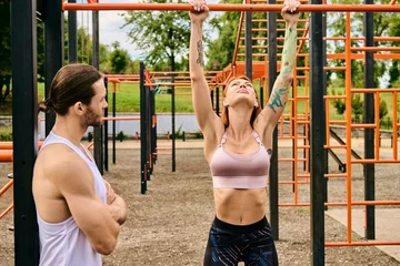 Fotobehang A man and a woman in sportswear workout together under a clear sky in front of a gym. The personal trainer motivates her. © LIGHTFIELD STUDIOS