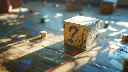 Cubes with question marks on a wooden background.