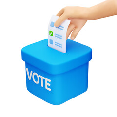 3d cartoon hand casting vote into blue ballot box. Hand putting ballot paper in vote box. Design element for election campaign. Vector illustration of 3d render.