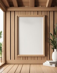 Close-up frame mockup in a wooden house, 3d rendering