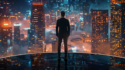 The slender figure of a businessman in a suit looks majestic against the background of the night city, which is illuminated by abstract lighting, symbolizing his influence and success in this environm