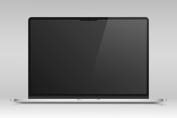 Realistic layout of a modern laptop in a light silver thin metal case. A laptop with an empty black screen on a gray gradient background. Vector EPS 10.