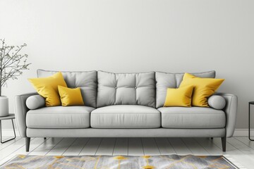 In a modern Scandinavian living room design, a cozy grey sofa adorned with yellow pillows creates a comfortable and inviting atmosphere