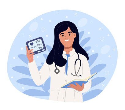World hypertension day. A smiling cardiologist is holding a sphygmomanometer. Vector illustration.